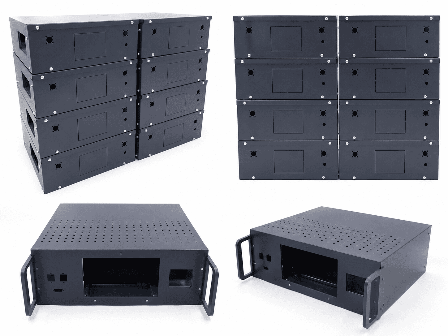Black metal box and battery box component assemblies shown from multiple angles